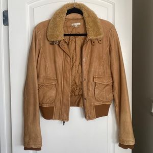 VINCE Vintage Bomber Jacket - Lambskin Leather Shearling Collar, Medium